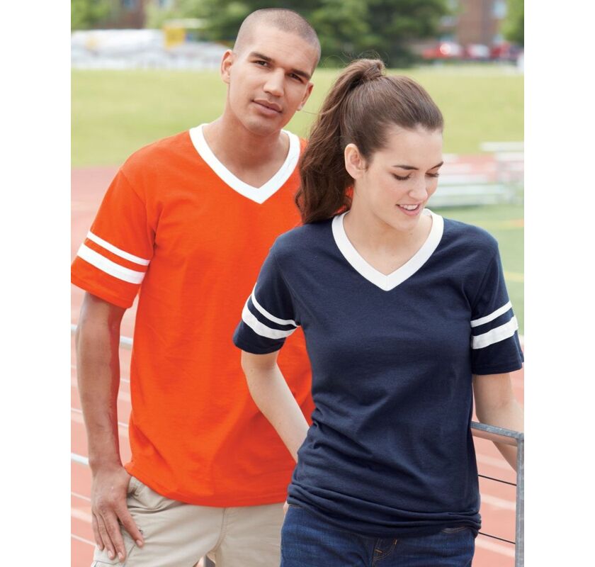 V-Neck Jersey with Striped Sleeves Thumbnail