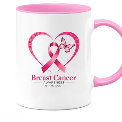 Ribbon Butterfly Heart White & Pink Mug – Breast Cancer Awareness Cup Thumbnail