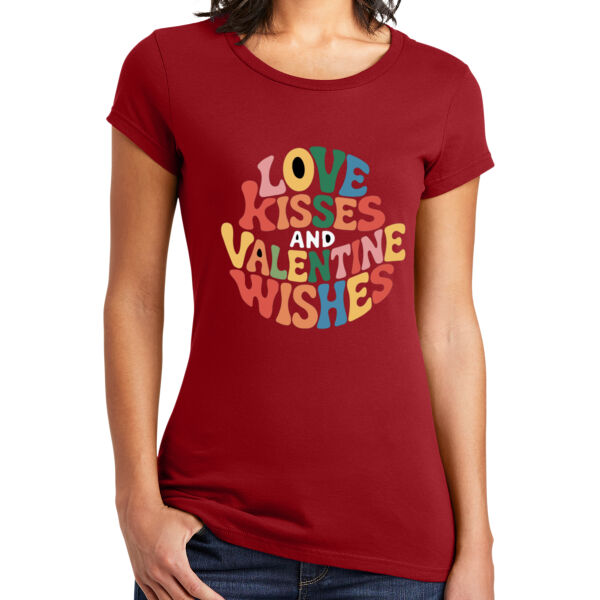 Women’s Valentine T Shirt – Love Kisses & Valentine Wishes Graphic, Retro Heart Short Sleeve Tee. Thumbnail